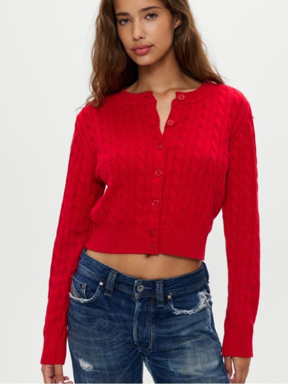 Frankies Bikinis Women's Cable Knit Cardigan Sweater Long Sleeves Red Size M